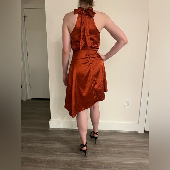 Red Satin Two Sisters Halter Neck Midi Ruffle Dress - Picture 3 of 5